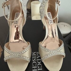 Badgley Mischka Champagne Satin Crystal-Strap Heels